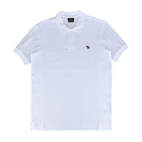 【PAUL SMITH】 草寫LOGO左胸鮮豔斑馬布標貼有機純棉珠地布POLO衫(男款/白)