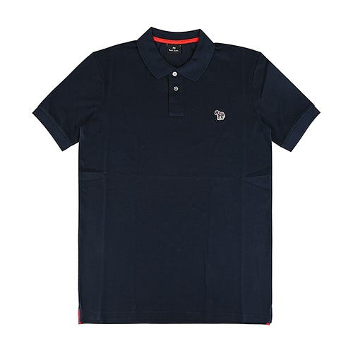 【PAUL SMITH】 草寫LOGO左胸鮮豔斑馬布標貼有機純棉珠地布POLO衫(男款/深藍x橘紅)