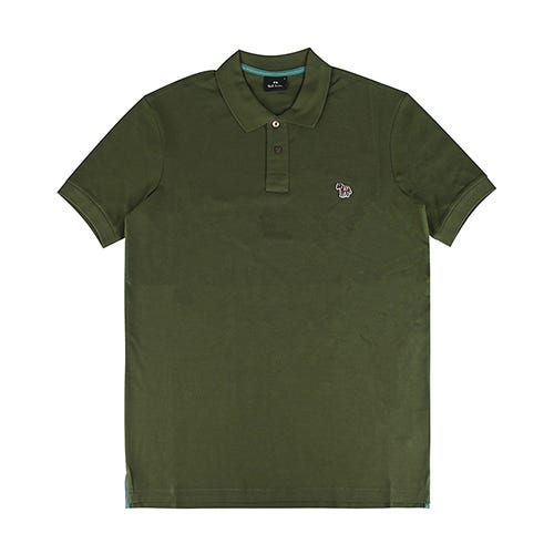 【PAUL SMITH】 草寫LOGO左胸鮮豔斑馬布標貼有機純棉珠地布POLO衫(男款/卡其綠x青綠)