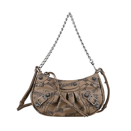 【BALENCIAGA】 Le Cagole 內壓印LOGO雙B造型PVC金屬釦飾鍊帶兩用包(迷你/淺咖啡)