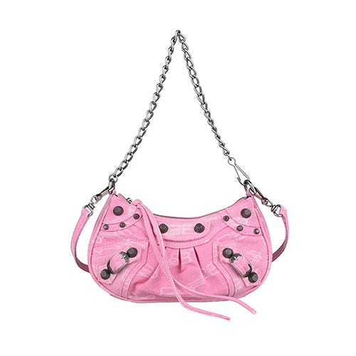 【BALENCIAGA】 Le Cagole 內壓印LOGO雙B造型PVC金屬釦飾鍊帶兩用包(迷你/粉紅)