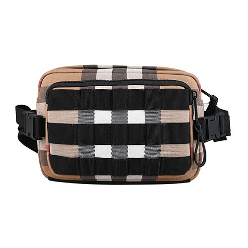 【BURBERRY】 PADDY 包底壓印LOGO格紋帆布搭織帶胸掛腰包(米x黑)