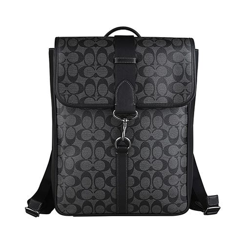 【COACH】 Blaine 大C印花LOGO牛皮拼接PVC釦式後背包(炭灰x黑)