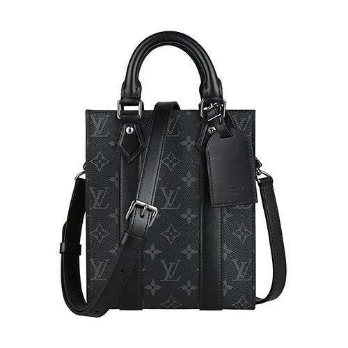 【LV】 M46453 Sac Plat Mini 印字LOGO Monogram Eclipse帆布拼牛皮斜背包(迷你/炭灰x黑)