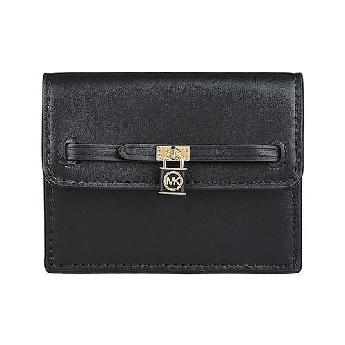 【MICHAEL KORS】 Hamilton Legacy 鎖頭金字LOGO牛皮2卡釦式卡片零錢包(黑)