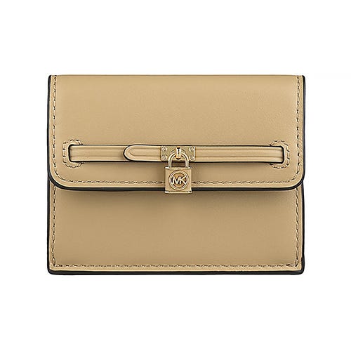 【MICHAEL KORS】 Hamilton Legacy 鎖頭金字LOGO牛皮2卡釦式卡片零錢包(駱駝米)