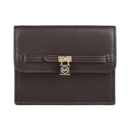 【MICHAEL KORS】 Hamilton Legacy 鎖頭金字LOGO牛皮2卡釦式卡片零錢包(巧克力棕)