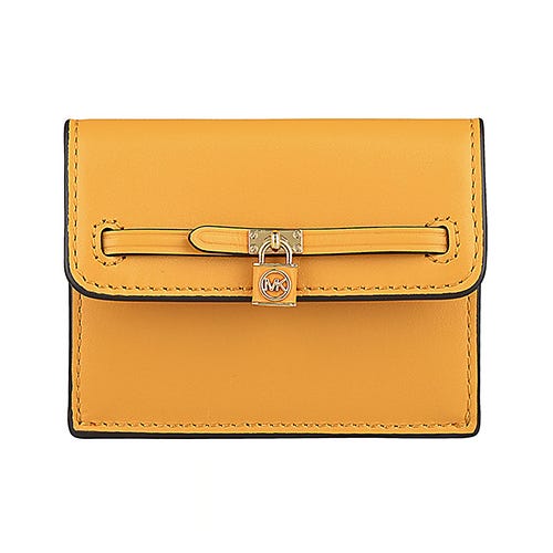 【MICHAEL KORS】 Hamilton Legacy 鎖頭金字LOGO牛皮2卡釦式卡片零錢包(橘黃)