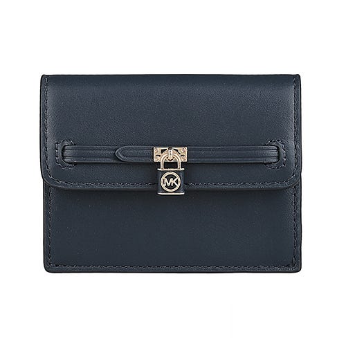 【MICHAEL KORS】 Hamilton Legacy 鎖頭金字LOGO牛皮2卡釦式卡片零錢包(海軍藍)