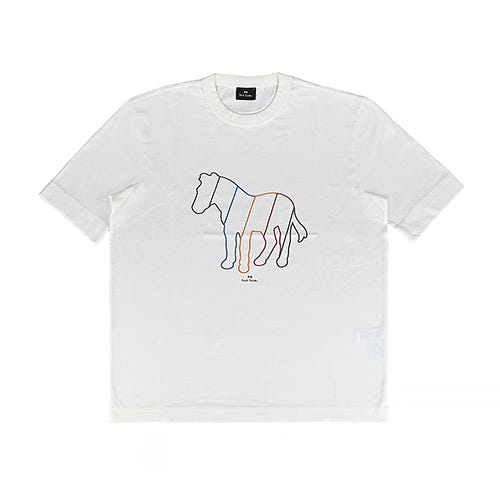 【PAUL SMITH】 草寫LOGO彩色線條斑馬圓領短袖T恤(男款/奶油白)