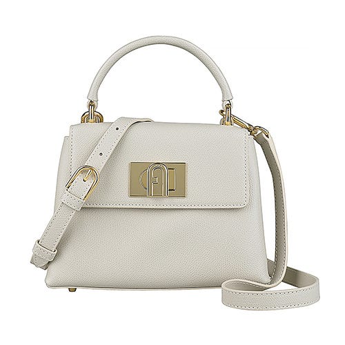 【FURLA】 1927 拱門LOGO荔枝紋小牛皮旋鈕釦斜背兩用包(迷你/珀拉白)