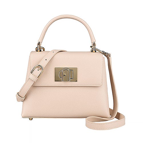 【FURLA】 1927 拱門LOGO荔枝紋小牛皮旋鈕釦斜背兩用包(迷你/芭蕾粉紅)