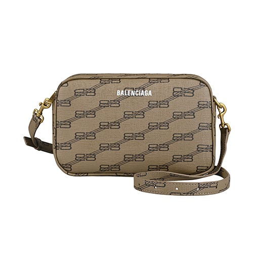 【BALENCIAGA】 壓印LOGO雙B斜紋設計印花拉鍊斜背相機包(小/米x褐)