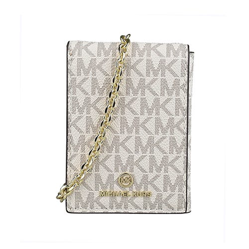 【MICHAEL KORS】 Jet Set 金屬LOGO牛皮拼滿版印花PVC 6卡三折按釦鏈帶短夾(香草白x橡子棕)