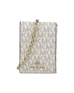 【MICHAEL KORS】 Jet Set 金屬LOGO牛皮拼滿版印花PVC 6卡三折按釦鏈帶短夾(香草白x橡子棕)