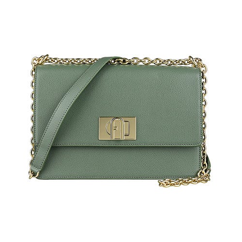 【FURLA】 1927 拱門LOGO牛皮搭麂皮內襯金鏈帶轉釦式斜背包(小/仙人掌綠)