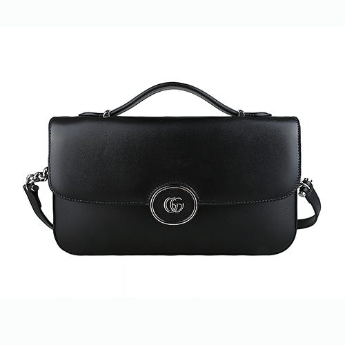 【GUCCI】 Petite 雙G金屬LOGO銀圈設計皮革肩背包(小/黑)