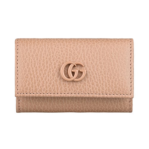 【GUCCI】GG Marmont 塗層G字LOGO牛皮6孔銀鉤鑰匙包(蓮花粉)