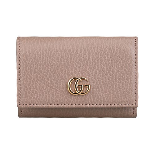 【GUCCI】 GG Marmont GG金屬LOGO牛皮三折式零錢短夾(粉灰玫瑰)