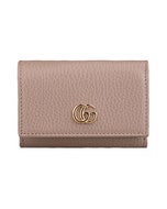 【GUCCI】 GG Marmont GG金屬LOGO牛皮三折式零錢短夾(粉灰玫瑰)