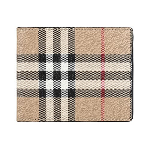 【BURBERRY】 Vintage 燙印LOGO格紋PVC搭小牛皮內襯6卡對折短夾(米)