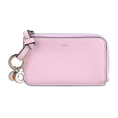 【CHLOE】 Alphabe 燙印LOGO小牛皮搭C字金屬釦飾4卡拉鏈零錢包(純粉)