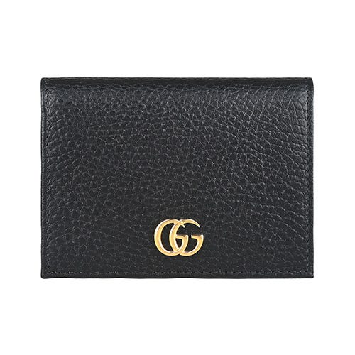 【GUCCI】 雙G金屬LOGO小牛皮4卡按釦掀蓋零錢短夾(黑)