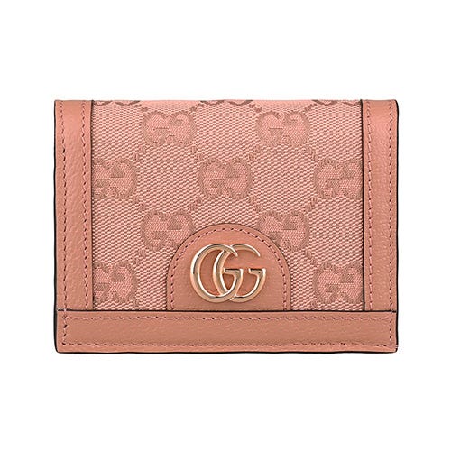 【GUCCI】 Ophidia 雙G鍍金LOGO牛皮搭帆布PVC 4卡按釦掀蓋短夾(玫瑰金粉紅)
