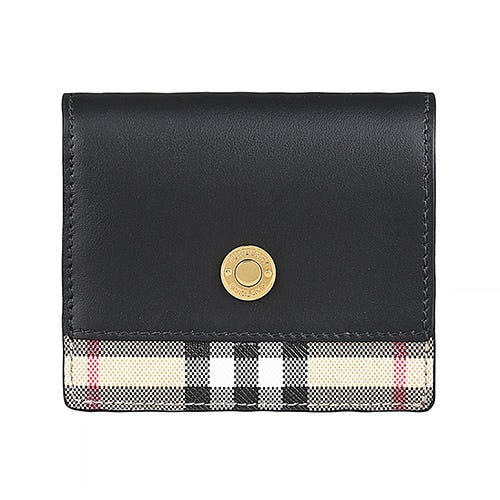 【BURBERRY】 金釦刻印LOGO小牛皮搭格紋PVC 4卡按釦零錢短夾(黑)