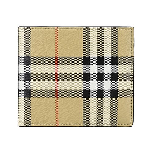 【BURBERRY】 內燙印LOGO小牛皮拼格紋PVC 8卡對折短夾(典藏米x黑)