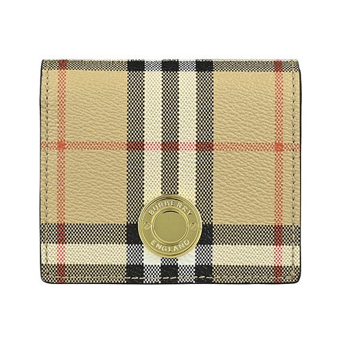 【BURBERRY】 金釦刻印LOGO小牛皮拼格紋PVC 4卡釦式對折短夾(典藏米x棕)