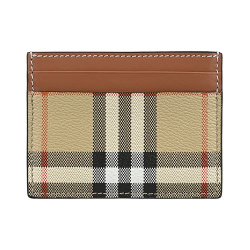 【BURBERRY】 Sandon 內印字LOGO小牛皮拼格紋PVC 4卡卡夾(典藏米x棕)