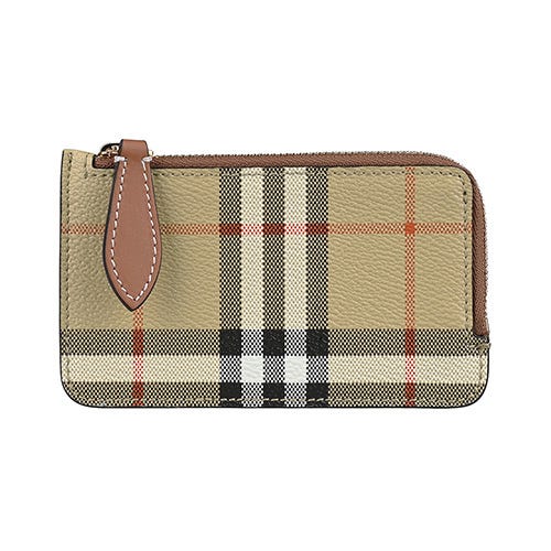 【BURBERRY】 Somerset 皮標印字LOGO小牛皮拼格紋PVC 3卡拉鏈零錢包(典藏米x棕)