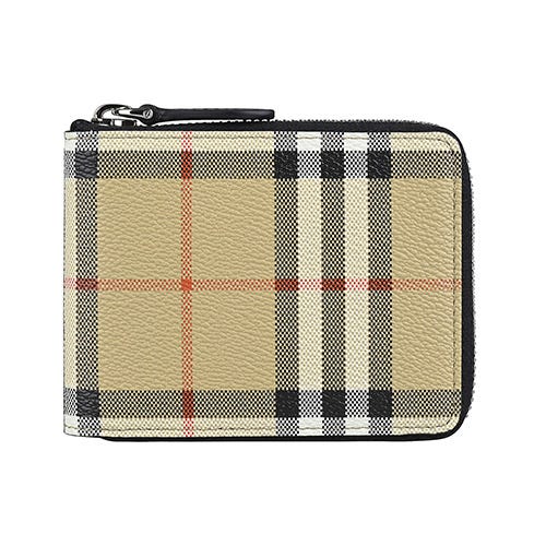 【BURBERRY】 MS Daniels 內壓印LOGO小牛皮拼格紋PVC 3卡拉鍊短夾(典藏米x黑)
