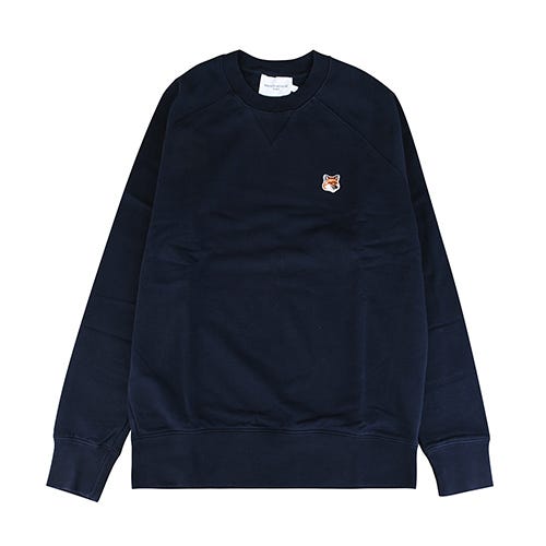 【Maison Kitsuné】 布標貼LOGO狐狸頭造型純棉插肩長袖T恤(男款/海軍藍)