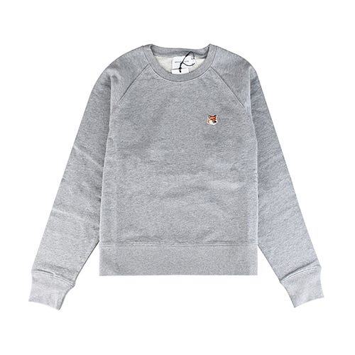 【Maison Kitsuné】 布標貼LOGO狐狸頭造型純棉插肩長袖T恤(女款/灰)