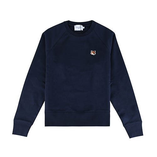【Maison Kitsuné】 布標貼LOGO狐狸頭造型純棉插肩長袖T恤(女款/海軍藍)