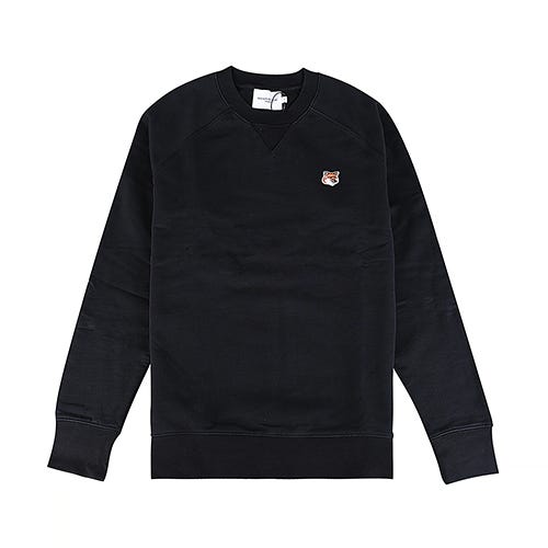 【Maison Kitsuné】 狐狸頭LOGO布標貼純棉插肩長袖T恤(男款/黑)