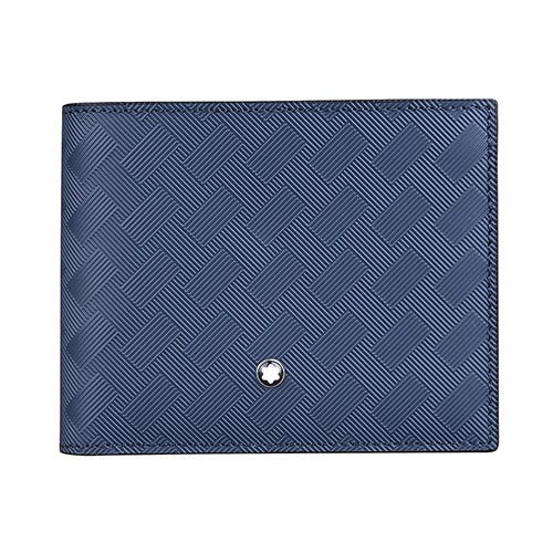 【MONTBLANC 萬寶龍】風尚系列3.0 內壓印LOGO印花牛皮對開式多功能短夾(藍)