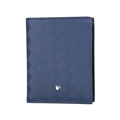 【MONTBLANC 萬寶龍】風尚系列3.0 內壓印LOGO印花牛皮壓釦式6卡式短夾(藍)