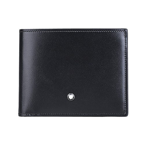 【MONTBLANC 萬寶龍】大班系列 內壓印LOGO牛皮6卡式對開多功能短夾(黑)