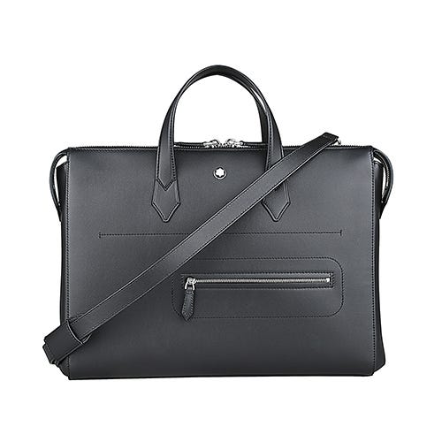 【MONTBLANC 萬寶龍】SOFT 內印字LOGO小牛皮拉鍊斜背薄公事包(黑)
