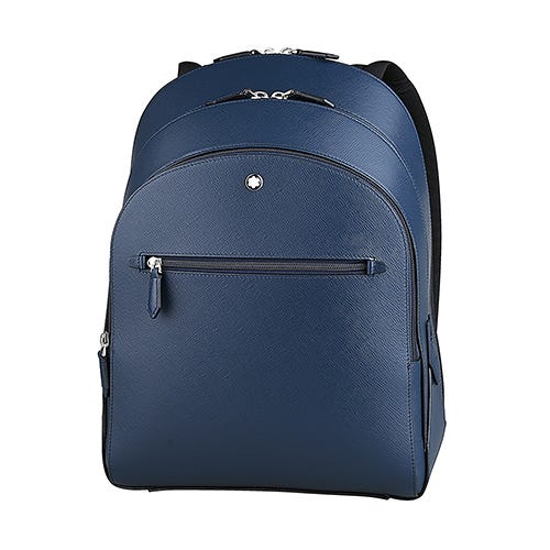 【MONTBLANC 萬寶龍】皮革壓印LOGO防刮牛皮內搭尼龍拉鍊三層後背包(中/墨水藍)