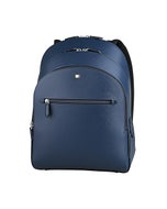 【MONTBLANC 萬寶龍】皮革壓印LOGO防刮牛皮內搭尼龍拉鍊三層後背包(中/墨水藍)
