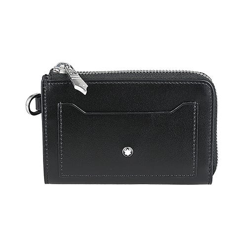 【MONTBLANC 萬寶龍】Meisterstuck 小圓標LOGO質感小牛皮4卡拉鍊鑰匙卡包(黑)