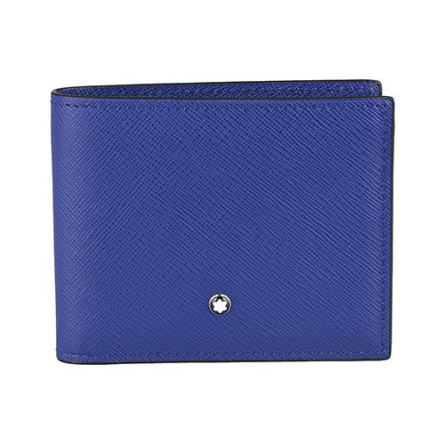【MONTBLANC 萬寶龍】Sartorial 內鋼印字LOGO十字紋皮革6卡對開式短夾(男款/藍)