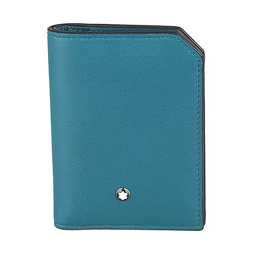 【MONTBLANC 萬寶龍】Soft 系列圓形金屬LOGO優質小牛皮4卡按釦小型皮夾(迷你/灰藍)