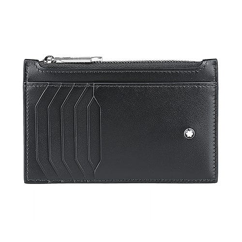 【MONTBLANC 萬寶龍】Meisterstuck 壓印LOGO小牛皮8卡拉鍊卡夾包(黑)