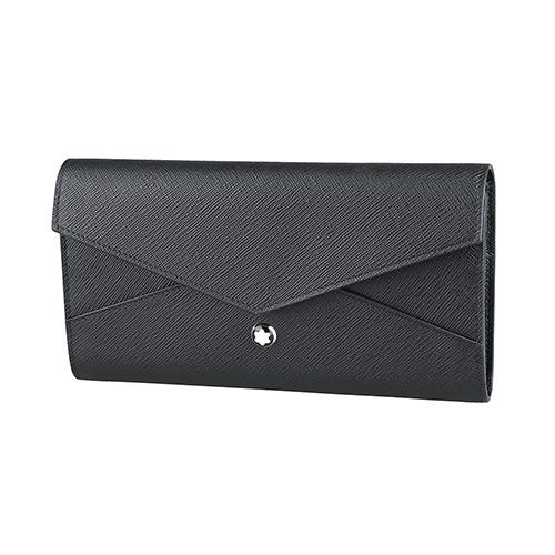 【MONTBLANC 萬寶龍】匠心系列 六芒星LOGO牛皮12卡壓釦式長夾(女款/黑)