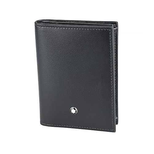 【MONTBLANC 萬寶龍】匠心系列 內壓印LOGO小牛皮4卡直立式對開卡夾包(黑)
